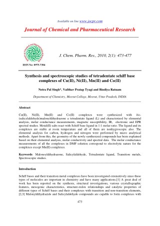 Synthesis and spectroscopic studies of tetradentate schiff base complexes of Cu(II), Ni(II), Mn(II) and Co(II)