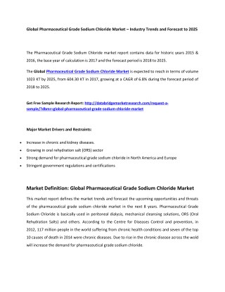 Pharmaceutical Grade Sodium Chloride Market Outlook, Growth, Trend, Share, Size and Forecast to 2024