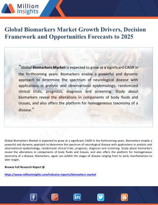 Global Biomarkers Market Growth Drivers, Decision Framework and Opportunities Forecasts to 2025