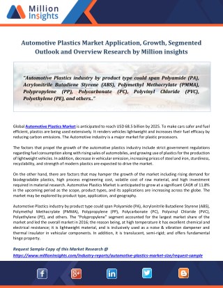 Automotive Plastics Market Application, Growth, Segmented Outlook And Overview Research By Million insights