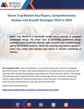 Steam Trap Market Key Players, Comprehensively Analyze and Growth Strategies 2018 to 2025
