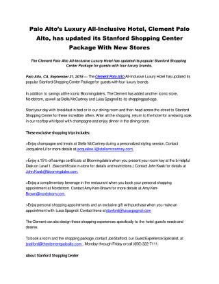 Palo Alto’s Luxury All-Inclusive Hotel, Clement Palo Alto, has updated its Stanford Shopping Center Package With New Sto