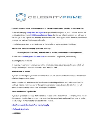Celebrity Prime Eco Front Villas and Benefits of Purchasing Apartment Buildings – Celebrity Prime