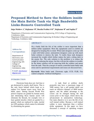 Proposed Method to Save the Soldiers inside the Main Battle Tank via High Bandwidth Links-Remote Controlled Tank