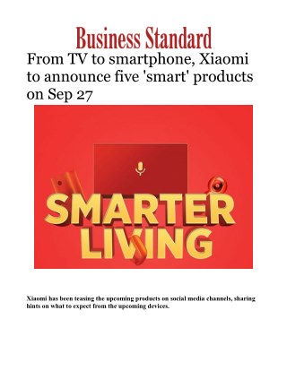 From TV to smartphone, Xiaomi to announce five 'smart' products on Sep 27 