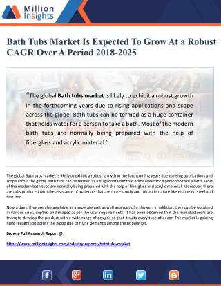 Bath Tubs Market Is Expected To Grow At a Robust CAGR Over A Period 2018-2025