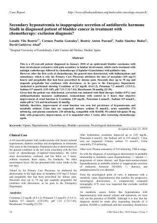 Secondary hyponatremia to inappropiate secretion of antidiuretic hormone Siadh in diagnosed patient of bladder cancer in