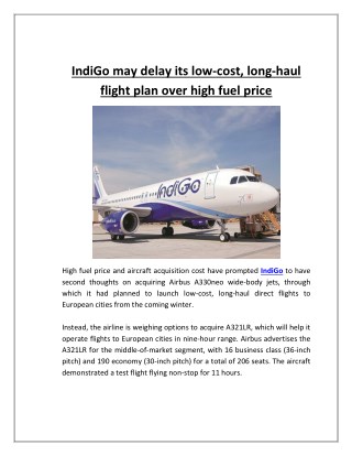 IndiGo May Delay Its Low-cost, Long-haul Flight Plan Over High Fuel Price