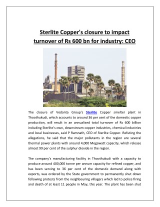 Sterlite Copper's Closure to Impact Turnover of Rs 600 Bn for Industry CEO