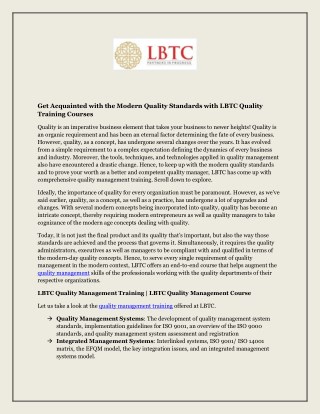 Get Acquainted with the Modern Quality Standards with LBTC Quality Training Courses