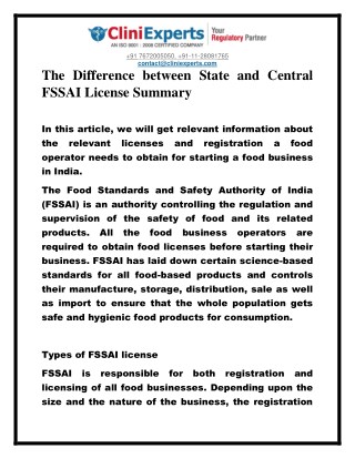 The Difference between State and Central FSSAI License Summary