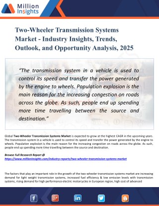 Two-Wheeler Transmission Systems Market Size, Growth, Analysis, Applications, Opportunities, and Forecasts to 2025