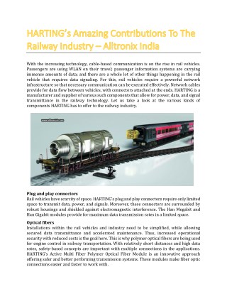 HARTING’s Amazing Contributions To The Railway Industry - Alltronix India
