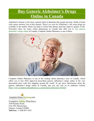 Buy Generic Alzheimer’s Drugs Online in Canada