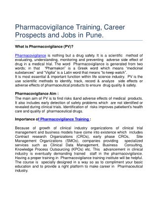 Pharmacovigilance Training, Career Prospects and Jobs in Pune.