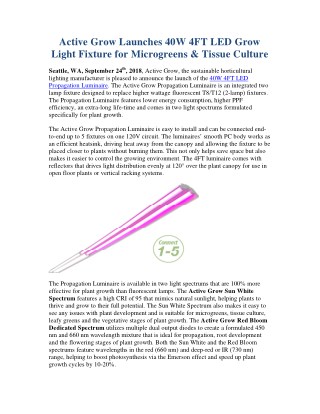 Active Grow Launches 40W 4FT LED Grow Light Fixture for Microgreens & Tissue Culture