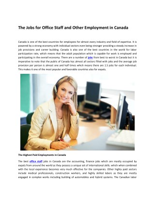 The Jobs for Office Staff and Other Employment in Canada