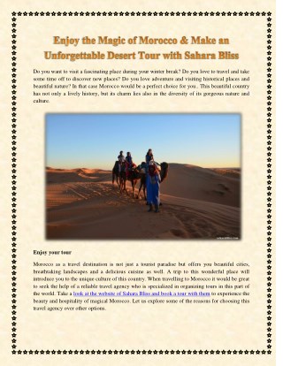 Enjoy the Magic of Morocco & Make an Unforgettable Desert Tour with Sahara Bliss