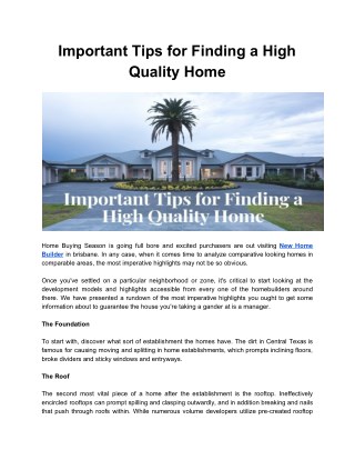 Important Tips for Finding a High Quality Home