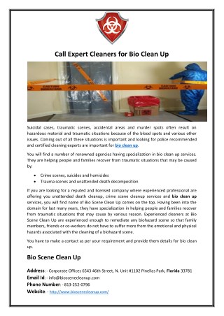 Call Expert Cleaners for Bio Clean Up