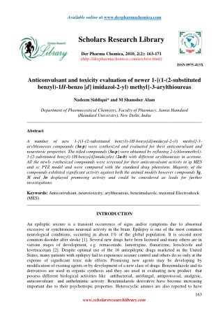 Anticonvulsant and toxicity evaluation of newer 1-{(1-(2-substituted benzyl)-1H-benzo [d] imidazol-2-yl) methyl}-3-arylt