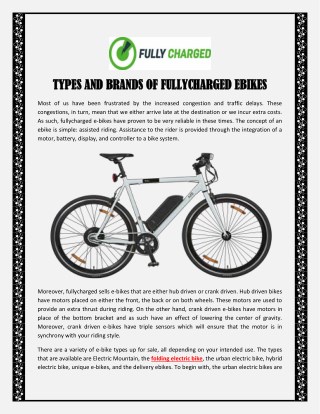 TYPES AND BRANDS OF FULLYCHARGED EBIKES