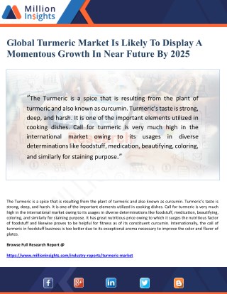 Global Turmeric Market Is Likely To Display A Momentous Growth In Near Future By 2025