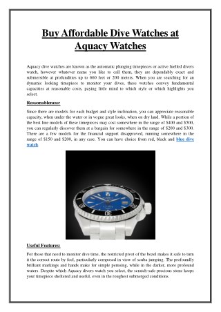 Buy Affordable Dive Watches at Aquacy Watches