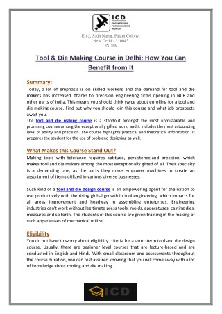 Tool & Die Making Course in Delhi: How You Can Benefit from It