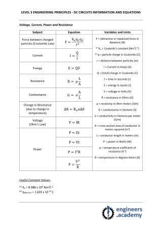 Level 3 Engineering Principles - DC Circuits Info and Equations