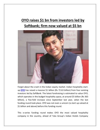 OYO raises $1 bn from investors led by Softbank; firm now valued at $5 bn