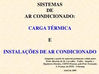 SISTEMAS DE AR CONDICIONADO: CARGA TÉRMICA E INSTALAÇÕES DE AR CONDICIONADO