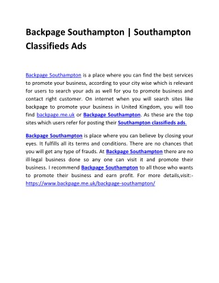 Backpage Southampton | Southampton Classifieds Ads