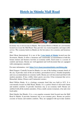 Hotels in Shimla Mall Road