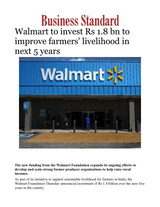 Walmart to invest Rs 1.8 bn to improve farmers' livelihood in next 5 years