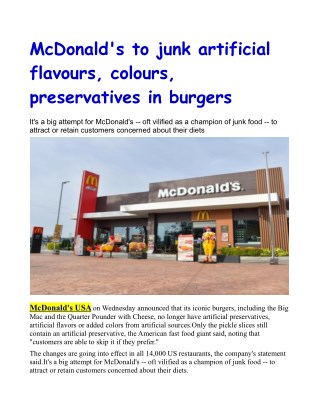 McDonald's to junk artificial flavours, colours, preservatives in burgers