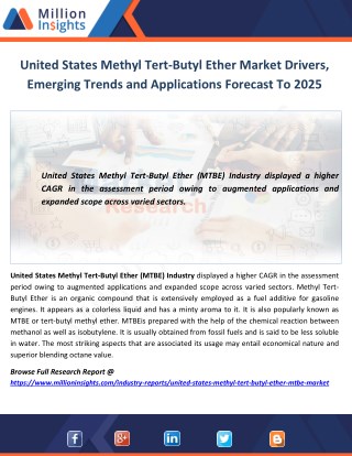 United States Methyl Tert-Butyl Ether Market Drivers, Emerging Trends and Applications Forecast To 2025