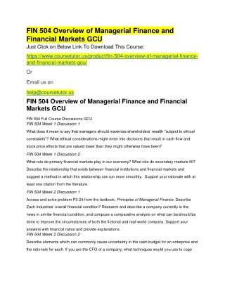 FIN 504 Overview of Managerial Finance and Financial Markets GCU