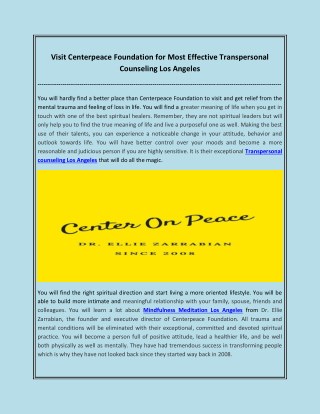 Visit Centerpeace Foundation For Most Effective Transpersonal Counseling Los Angeles