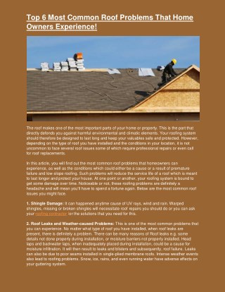 Top 6 Most Common Roof Problems That Home Owners Experience!