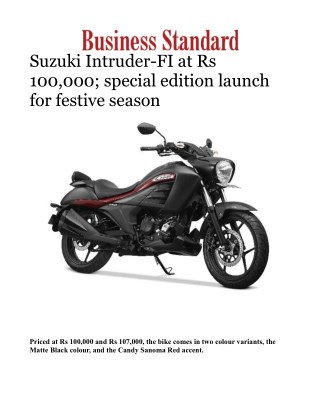 Suzuki Intruder-FI at Rs 100,000; special edition launch for festive season