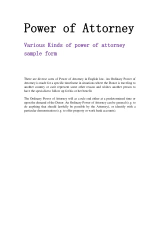 Power of Attorney - Various Kinds of Power of Attorney sample Forms