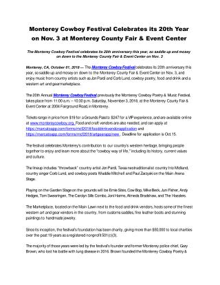 Monterey Cowboy Festival Celebrates its 20th Year on Nov. 3 at Monterey County Fair & Event Center