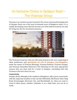 Vivansaa – An Exclusive Choice In Sarjapur Road