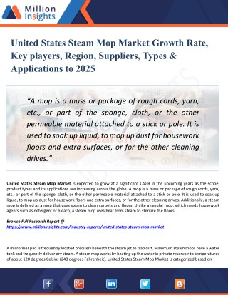 United States Steam Mop Market - Industry, Analysis, Share, Growth, Sales, Trends, Supply, Forecast to 2025