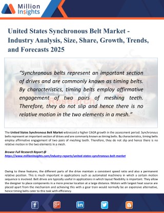 United States Synchronous Belt Market Segmented by Material, Type, End-User Industry and Geography – Trends and Forecast