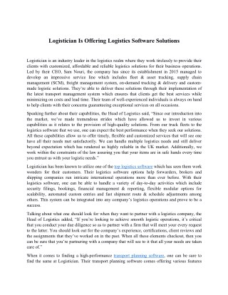 Logistician Is Offering Logistics Software Solutions