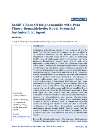 Schiff’s Base Of Sulphonamide with Para Fluoro Benzaldehyde: Novel Potential Antimicrobial Agent