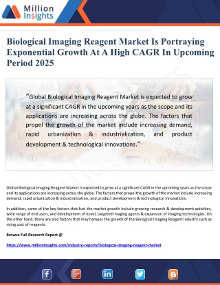Biological Imaging Reagent Market Is Portraying Exponential Growth At A High CAGR In Forthcoming Period 2025