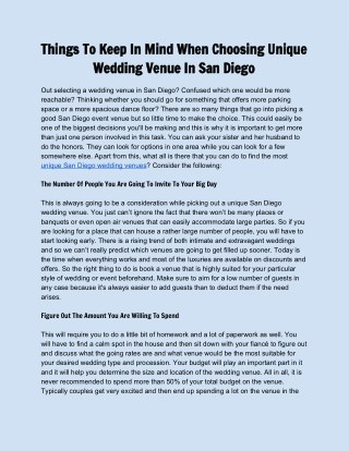 Things To Keep In Mind When Choosing Unique Wedding Venue In San Diego